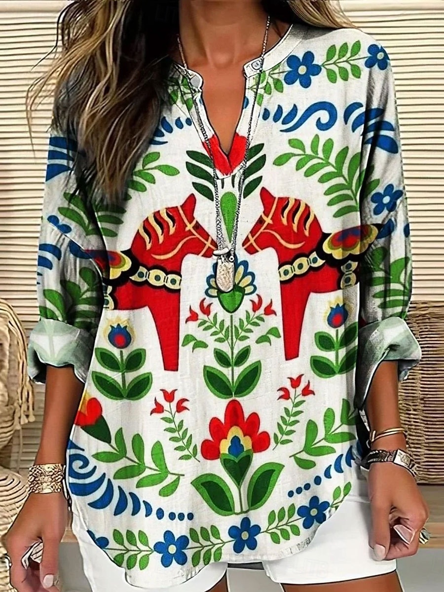 Damen Bluse Blumen Grafik Elegant Stilvoll Langarm V Ausschnitt Normale Oberteile Täglich Ferien Druck Blau Grün Sommer Frühling 2025 - $24.99 –P1