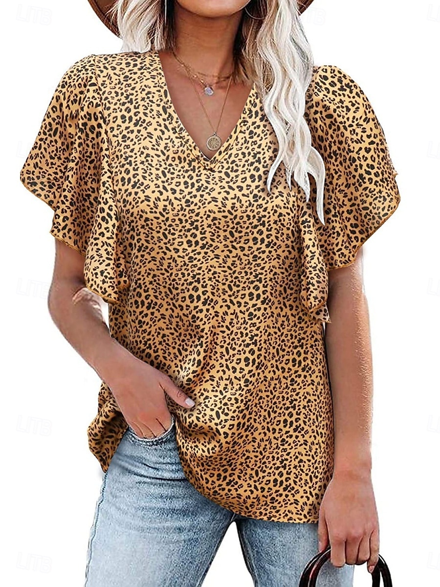 Femmes T-shirt Fleuri Mode Élégant Moderne Manche Courte Col en V Hauts Réguliers Quotidien Week-end Jaune Rose Claire Rouge Vert Été de 2025 ? $16.99 –P2