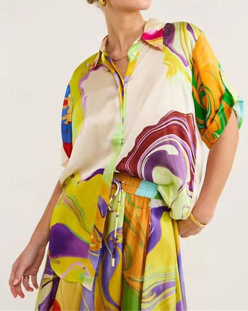 Femmes Mode Streetwear Jupe Ensembles Demi Manches Col de chemise Abstrait Imprimé Tenue quotidienne Date Vert Été Coupe régulière de 2025 ? $43.99 –P3