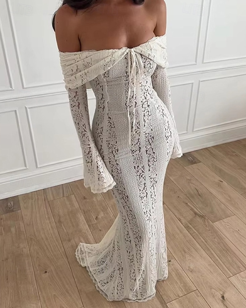 Dámské Dlouhé šaty Maxi šaty Krajkové šaty Šaty na ples Šaty na párty Elegantní Módní Párty Zvláštní příležitosti Večerní oslava Běžný Bez vzoru Dlouhý rukáv Pod rameny Černá Bílá Léto 2025 - $35.99 –P7