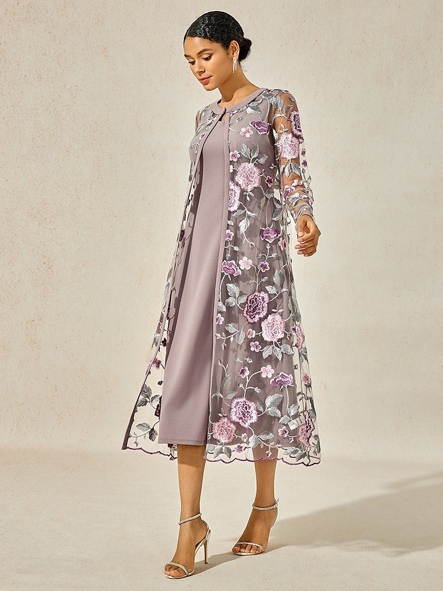 Dam Telängd Cocktail klänning Klänning Set Bröllopsgästklänning A linjeklänning Elegant Formell Bröllop Fest Normal Blommig Långärmad Rund hals Grå rosa Sommar Vår Höst 2025 - $69.99 –P3