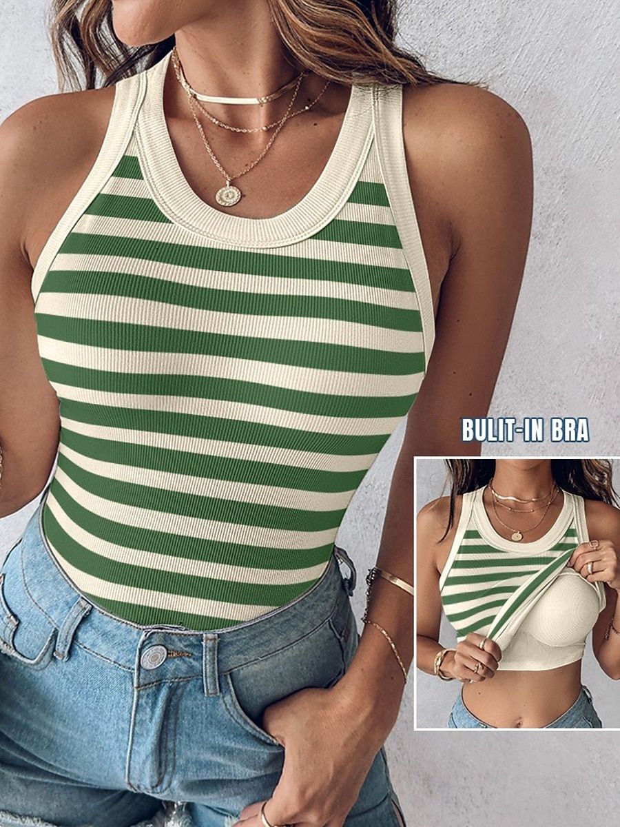 Dame Camisole Tank Top Helfarge Stripet Daglig Fritid Ermeløs Crew-hals Vanlige topper Daglig Trykt mønster Svart Lysegrønn Navyblå Grønn Sommer Vår Built-in Bra Ribbed 2025 - $19.99 –P1