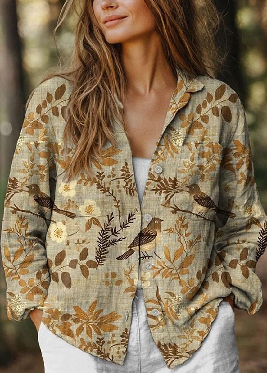 Camicia da donna a maniche lunghe con bottoni camicetta floreale grafica elegante casual simile al lino colletto regolare top quotidiano festivo uscita bottoni verde chiaro verde khaki estate del 2025 a $32.99 –P1