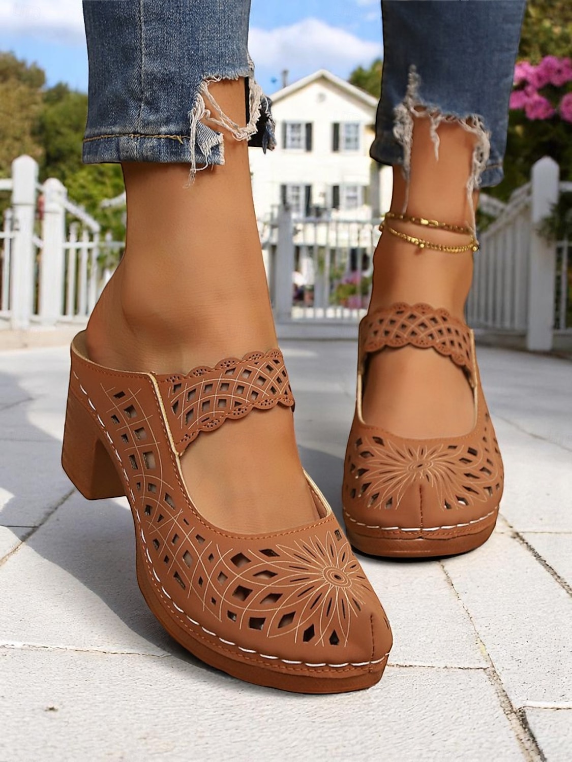 Damslip-on ihåliga mules med grov klack – vintagesandaler i konstläder, perfekta för avslappnade promenader, brunch i trädgården, konstmässor utomhus och vårresor 2025 - $24.99 –P3