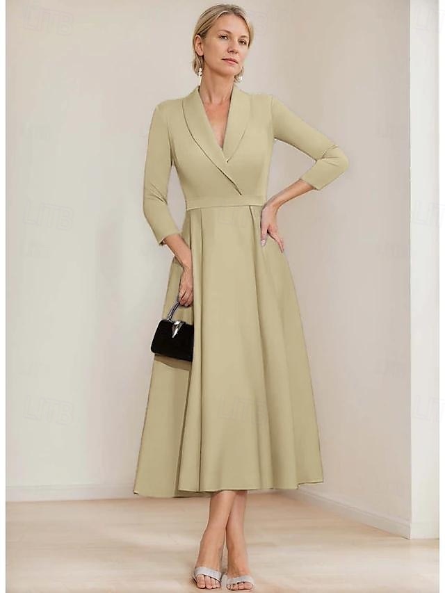 vestido blazer linha a mãe da noiva vestido crepe elegante simples lapela decote comprimento chá cetim manga 3/4 com cor sólida 2025 de 2025 por $169.99 –P15