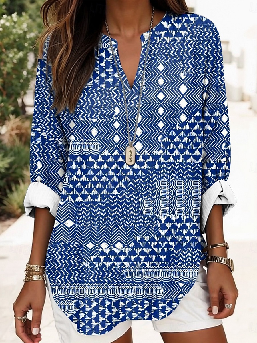 Women's Shirt Cotton Linen Shirt Blouse Graphic Striped Daily Hawaiian Business Long Sleeve V Neck Regular Tops Work Daily Holiday Buttons Print Black Blue Green Light Blue Summer Spring 2025 - $24.99 –P2