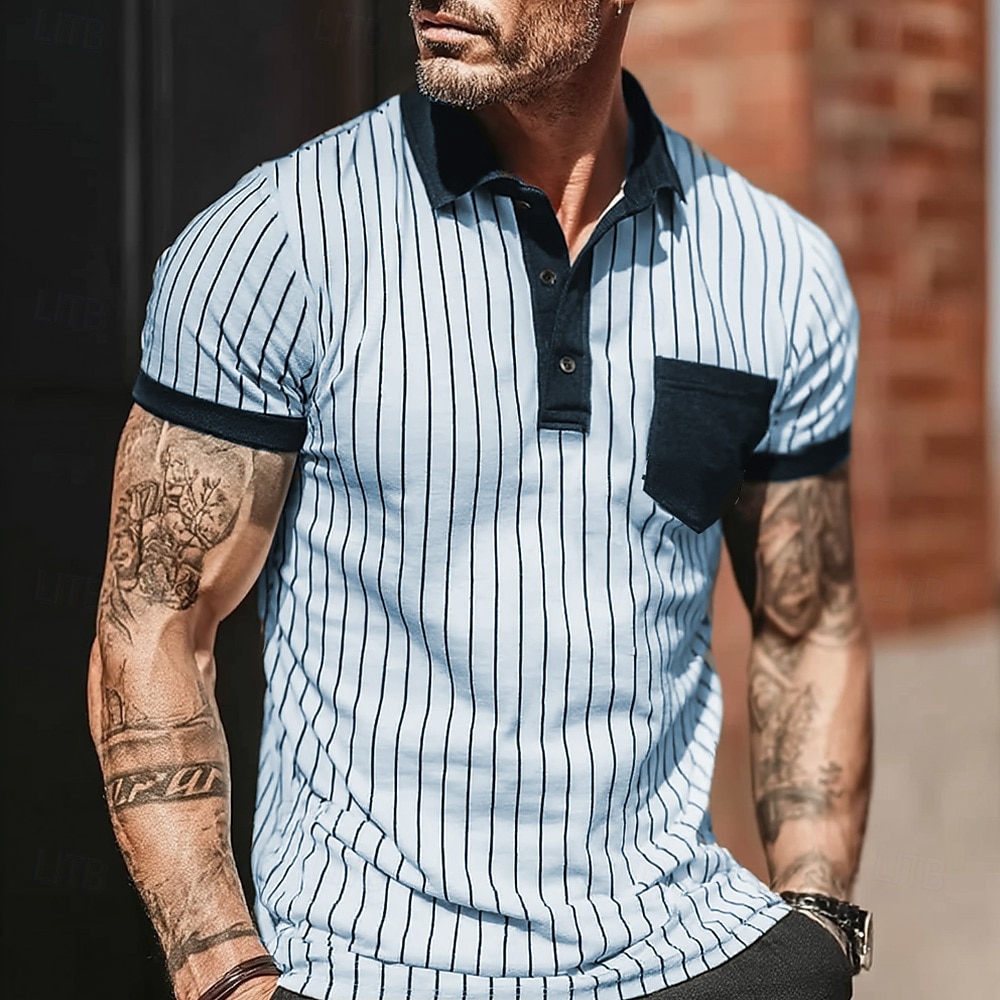 Bărbați Benzi verticale Polo Manșon scurt Răsfrânt Casul Zilnic Îmbrăcăminte Atletică Casul / Zilnic Nasturi Buzunar Vară Albastru ou de Măcăleandru Alb 2025 - $20.99 –P2