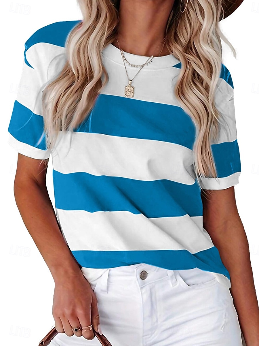 Femmes T-shirt Graphique Rayé ancien Élégant Occasionnel Manche Courte Col ras du cou Hauts Réguliers Quotidien Week-end Imprimé Noir Bleu Bleu Poudré Orange Vert Été Printemps de 2025 ? $19.99 –P5