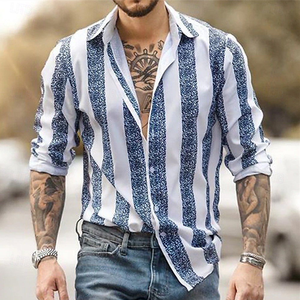 Voor heren Geometrisch Gestreept Overhemd Overhemd met knopen Casual overhemd Lange mouw Mode-casual Formeel Vakantie Dagelijks gebruik Zomer Lente Strijkijzer 3D-afdrukken shirts met kraag Zwart 2025 - $25.99 –P1
