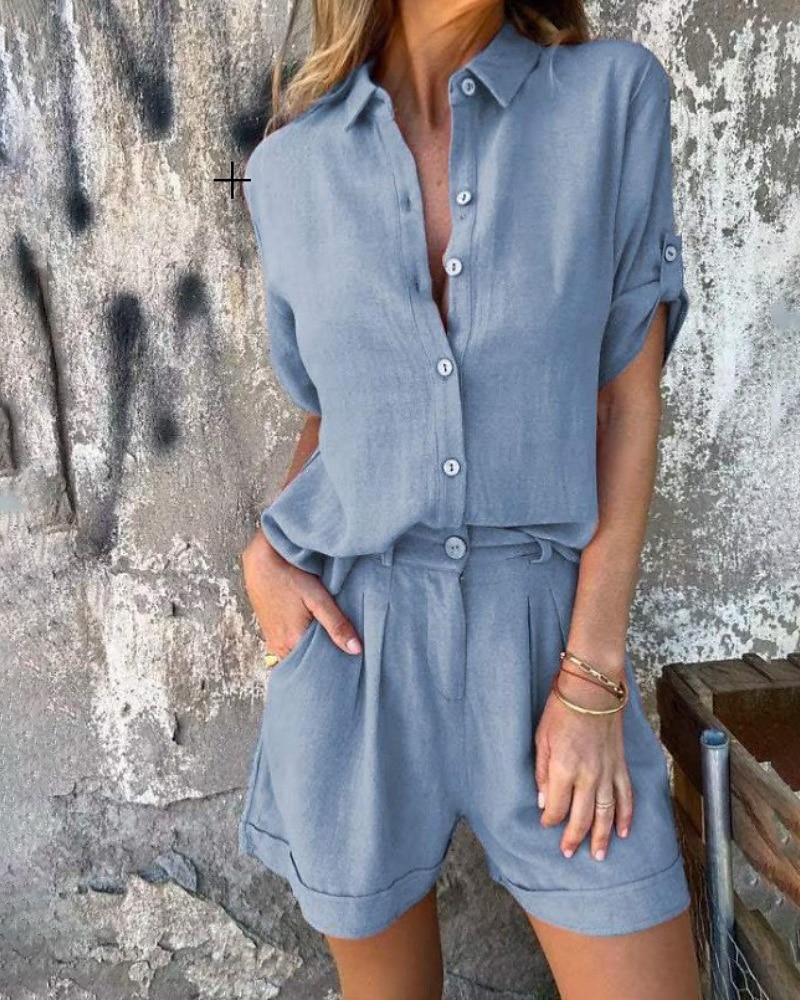 Femmes Actif Mode Chemises en coton et lin Ensembles en coton et lin Chemisier Manche Courte Col de chemise Couleur Unie Dubbele Rij Knopen Sortir Week-end Noir Blanche Bleu Été Coupe régulière de 2025 ? $34.99 –P4