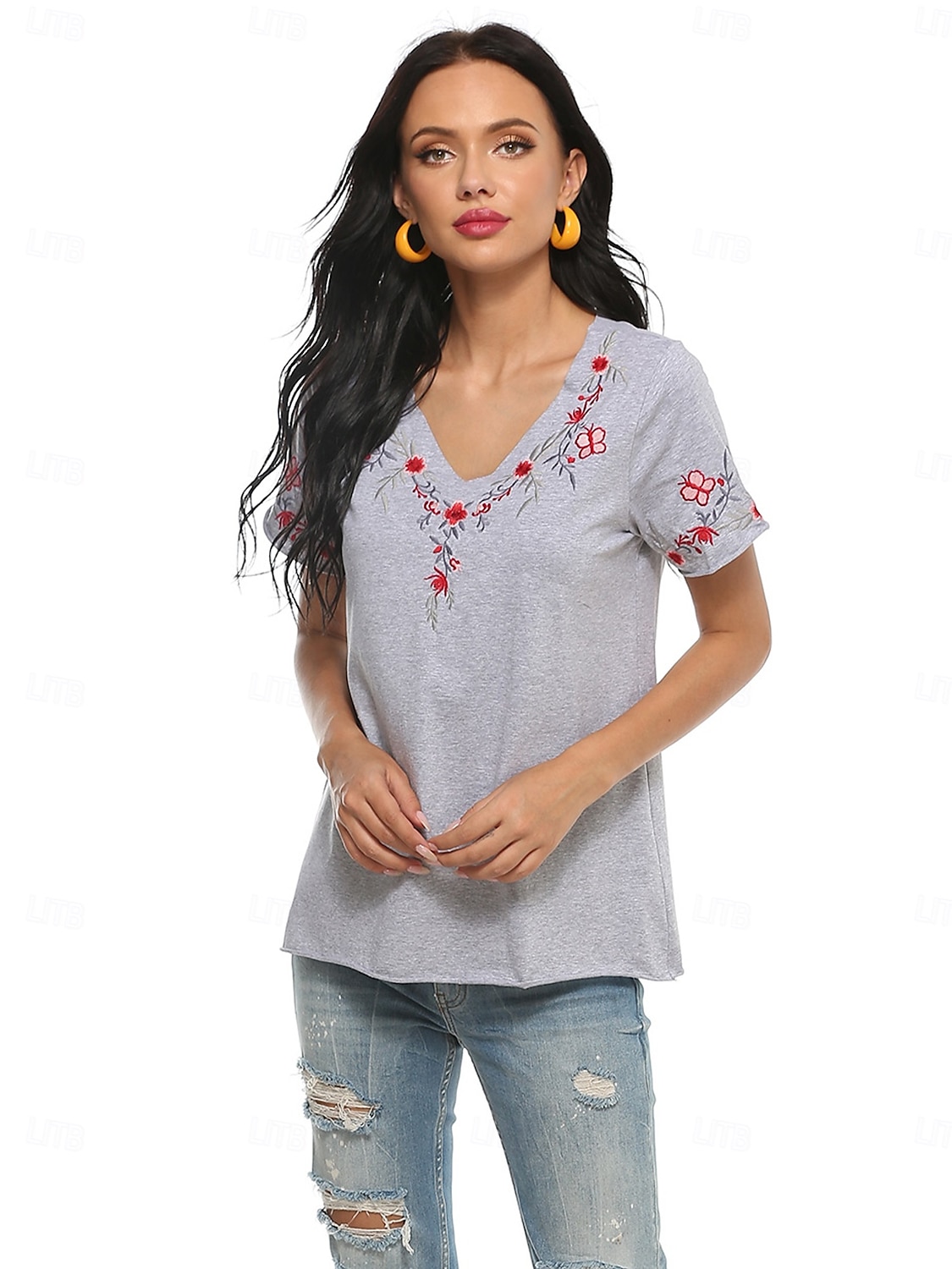 Erntedank Damen Baumwollhemd Einfach Bohemien Stilvoll Basic Kurzarm Puffärmel V Ausschnitt Normale Oberteile Täglich Sport Ausgehen Grau Sommer 2025 - $22.99 –P3