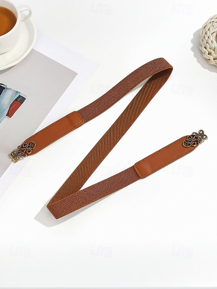Women's Vintage Elastic Waist Belt with Bronze Scroll Buckle – Faux Leather Cinch Belt for Dresses and Blouses, Elegant Style for Daily Wear and Formal Occasions 2025 - $7.99 –P6
