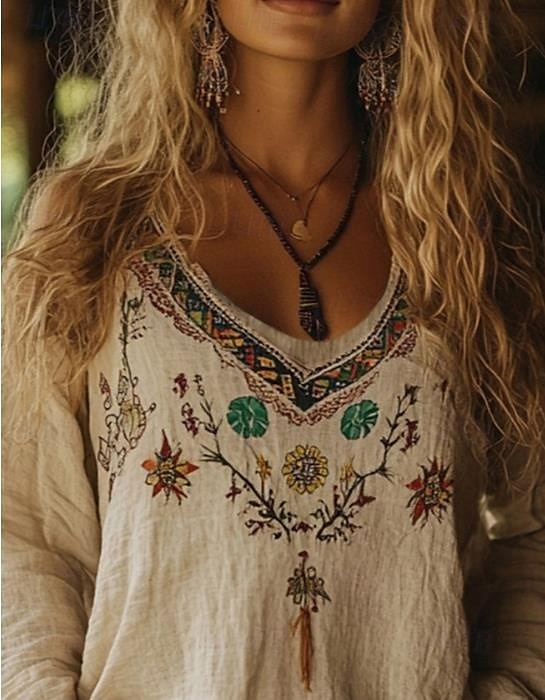 Femmes Chemisier occidental Chemise Bohème Chemisier Fleur Moderne Occasionnel manche longue Col en V Hauts Réguliers Quotidien Fête Sortir Imprimé Abricot Été de 2025 ? $25.99 –P2