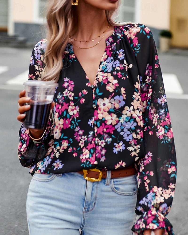 Femmes Chemise Bohème Chemisier Fleur Moderne Boho manche longue Col en V Hauts Réguliers Quotidien Sortir Imprimé Noir bleu marine Bleu Abricot Été de 2025 ? $26.99 –P6