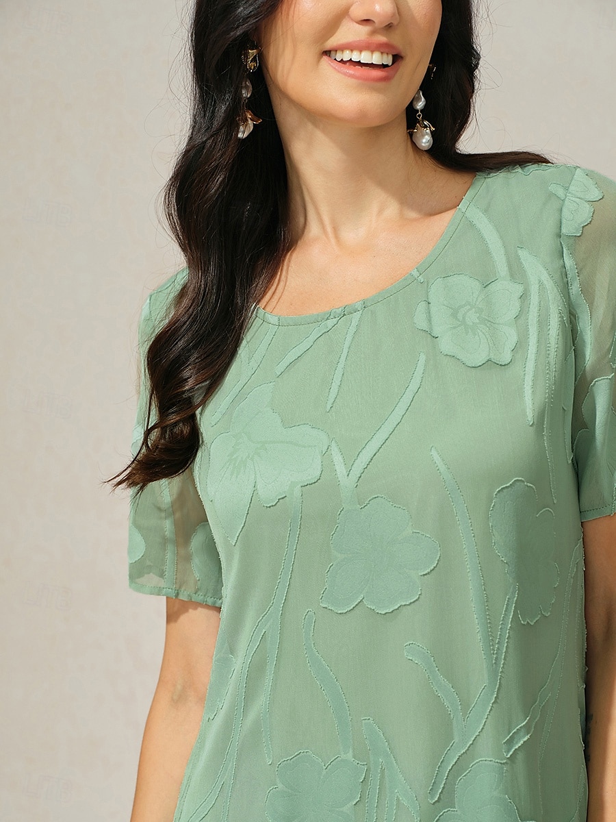 Dame Knelang kjole Chiffonkjoler Elegant Fritid Løstsittende Blomstret Kortermet Crew-hals Salvie Grøn Sommer 2025 - $55.99 –P2