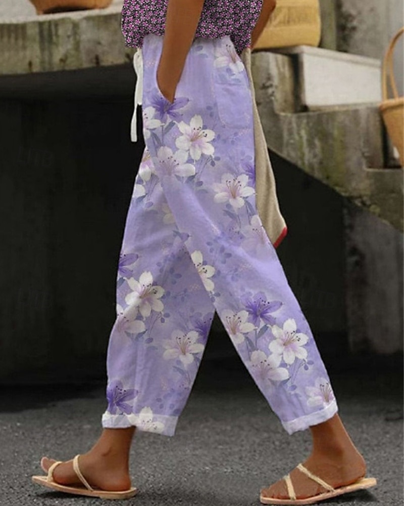 Women's Linen-Inspired Pants Cropped Pants Harem Pants Streetwear Boho Ankle-Length Mid Waist Flower Elastic Waist Breathable Comfortable Micro-elastic Outdoor Daily Wear Purple Summer Regular Fit 2025 - $25.99 –P1