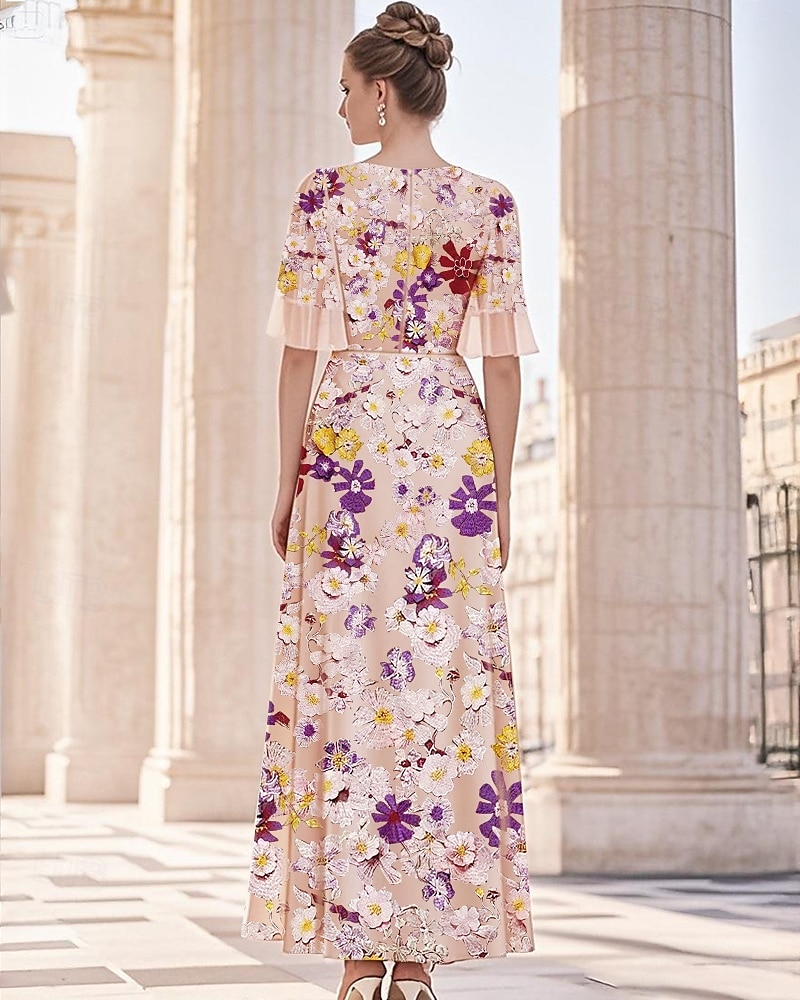 Abiti Cocktail A-Line Floreali Eleganti Matrimonio Formale Lunghezza Caviglia Manica Corta Collo A V Tulle con Ricami Applicati del 2025 a $158.99 –P3