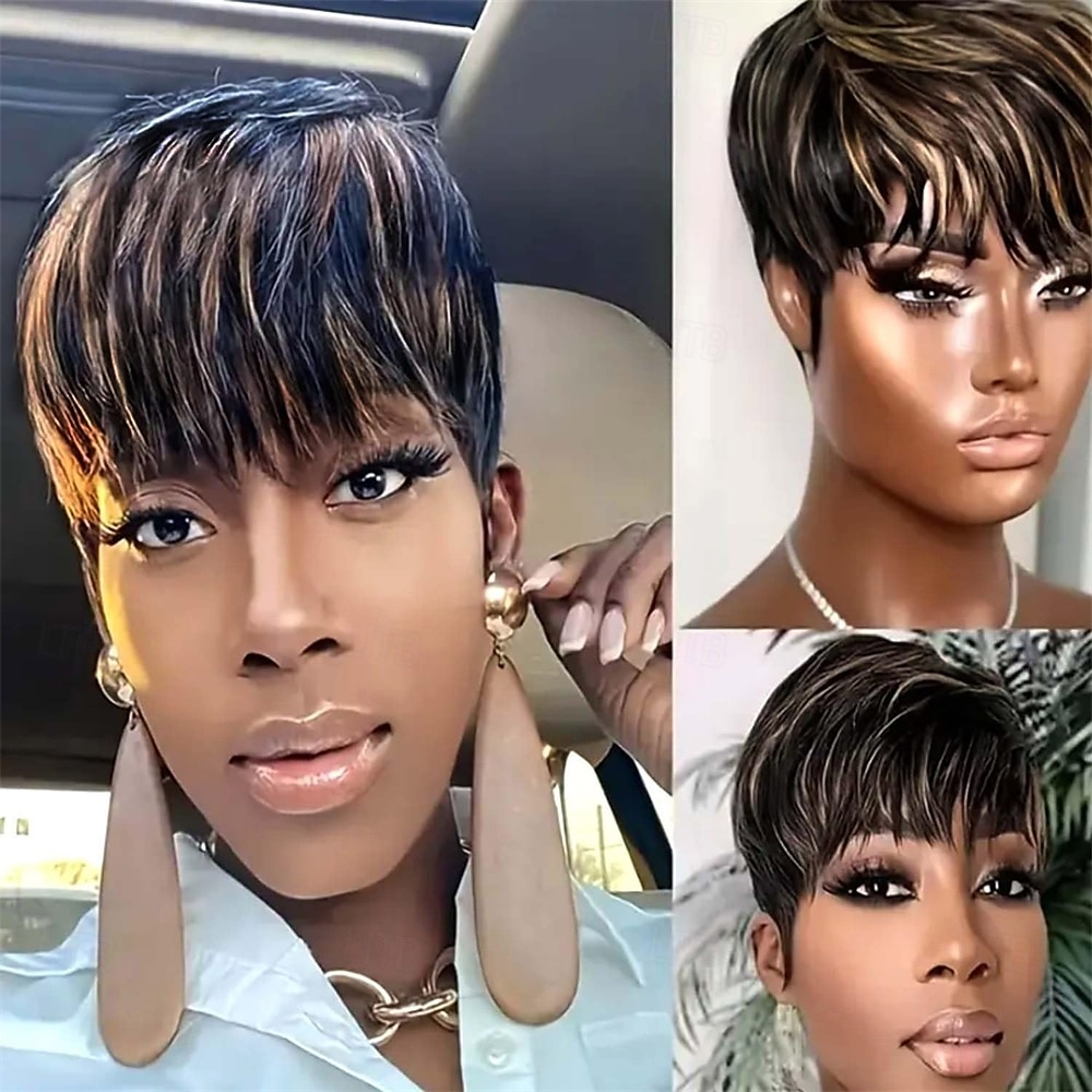 Parrucche pixie cut per donne nere, parrucca sintetica, parrucca pixie cut, parrucche corte a strati, piene con frangia nera del 2025 a $24.99 –P3