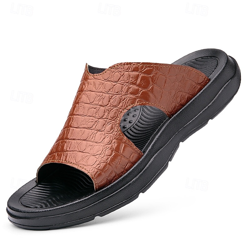 Men's Copper Faux Leather Slide Sandals with Embossed Crocodile Pattern and Black Cushioned Sole – Stylish Slip-On Sandals for Indoor Lounge, Poolside Relaxation, or Resort Wear 2025 - $34.99 –P2