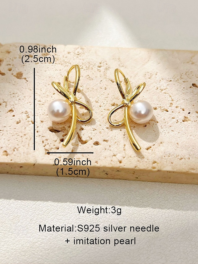 Women's Elegant Bow Knot Pearl Drop Earrings – Dainty Gold or Silver Plated Studs for Romantic Dates, Weddings and Daily Wear 2025 - $11.99 –P8