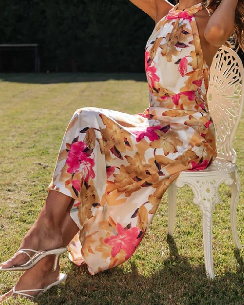 Women's Long Dress Maxi Dress Floral Dress Halter Neck Dress Fashion Modern Vacation Going out Weekend Regular Fit Flower Sleeveless Halter Neck Yellow Pink Green Summer 2026 - $27.99 –P13