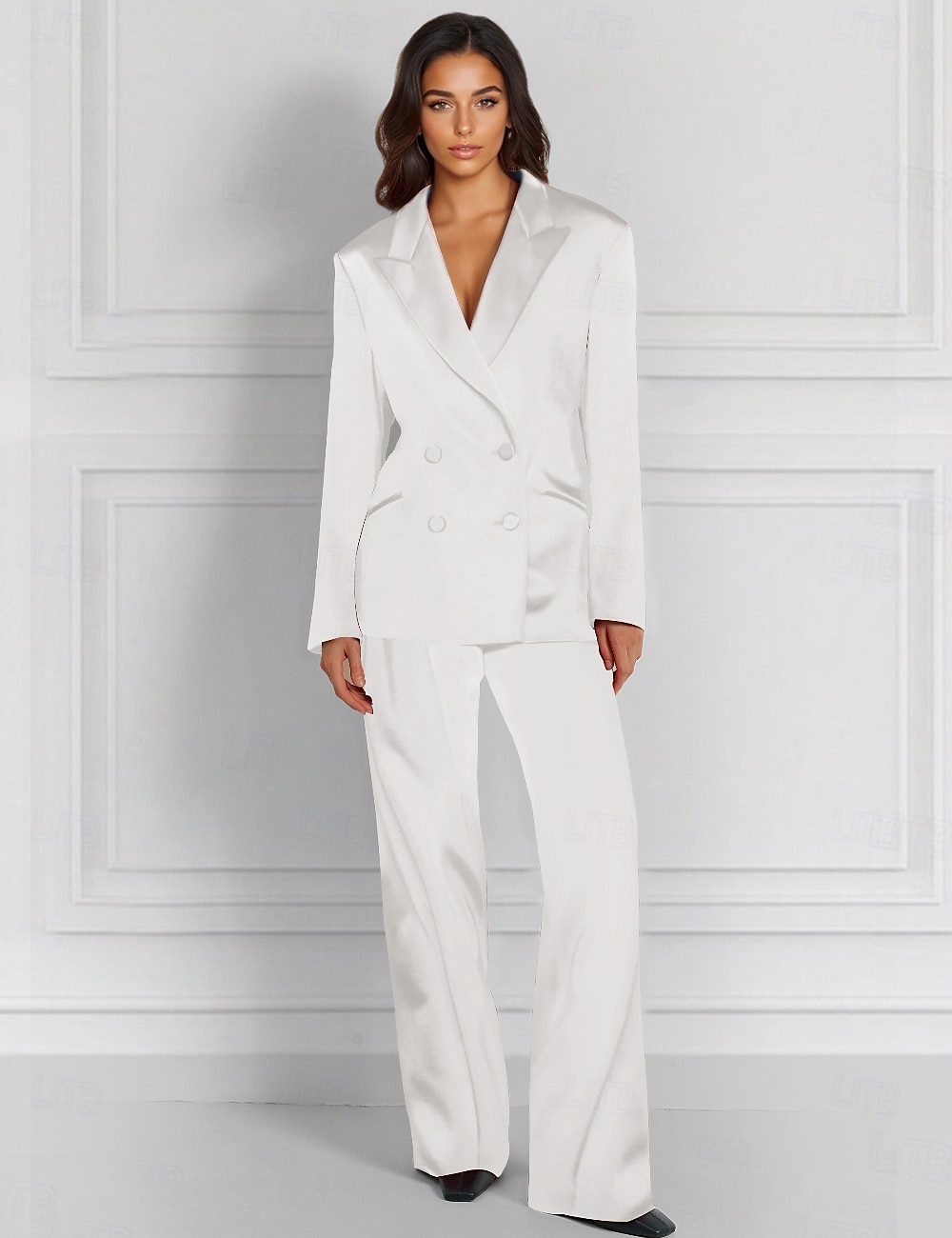 Tuta a Due Pezzi  Completo Completo per Madre della Sposa Giacca Doppiopetto Elegante Vintage Semplice Collo a V Lunghezza Piedi Satin Stretch Maniche Lunghe con Bottoni Coperti del 2025 a $179.99 –P5