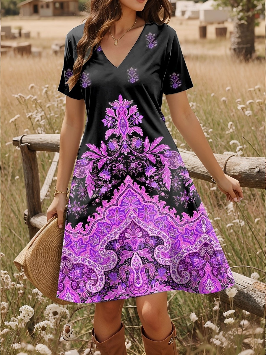 Rochie mini pentru femei, rochie tip tricou, rochie de vară, rochie de vacanță, casual, boho, zi de zi, ieșire în oraș, croială regulată, model paisley, mânecă scurtă, decolteu în V, albastru, violet, 2025 - $23.99 –P3