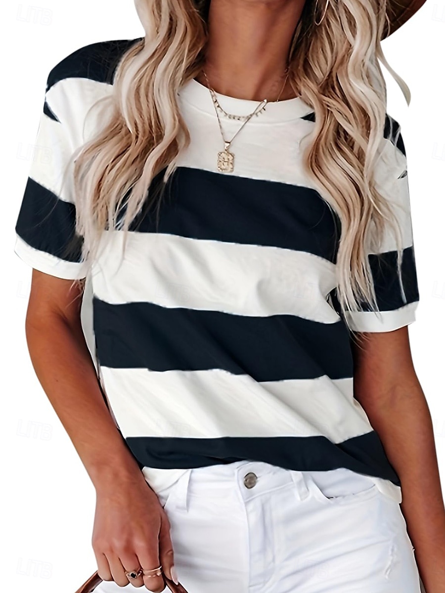 Femmes T-shirt Graphique Rayé ancien Élégant Occasionnel Manche Courte Col ras du cou Hauts Réguliers Quotidien Week-end Imprimé Noir Bleu Bleu Poudré Orange Vert Été Printemps de 2025 ? $19.99 –P7
