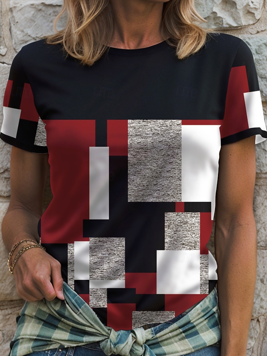 Dame T skjorte Grafisk Geometrisk Fargeblokk Årgang Stilfull Klassisk Kortermet Crew-hals Rund hals Vanlige topper Daglig Trykt mønster Rød Blå Lilla Grønn Sommer Vår 2025 - $19.99 –P3