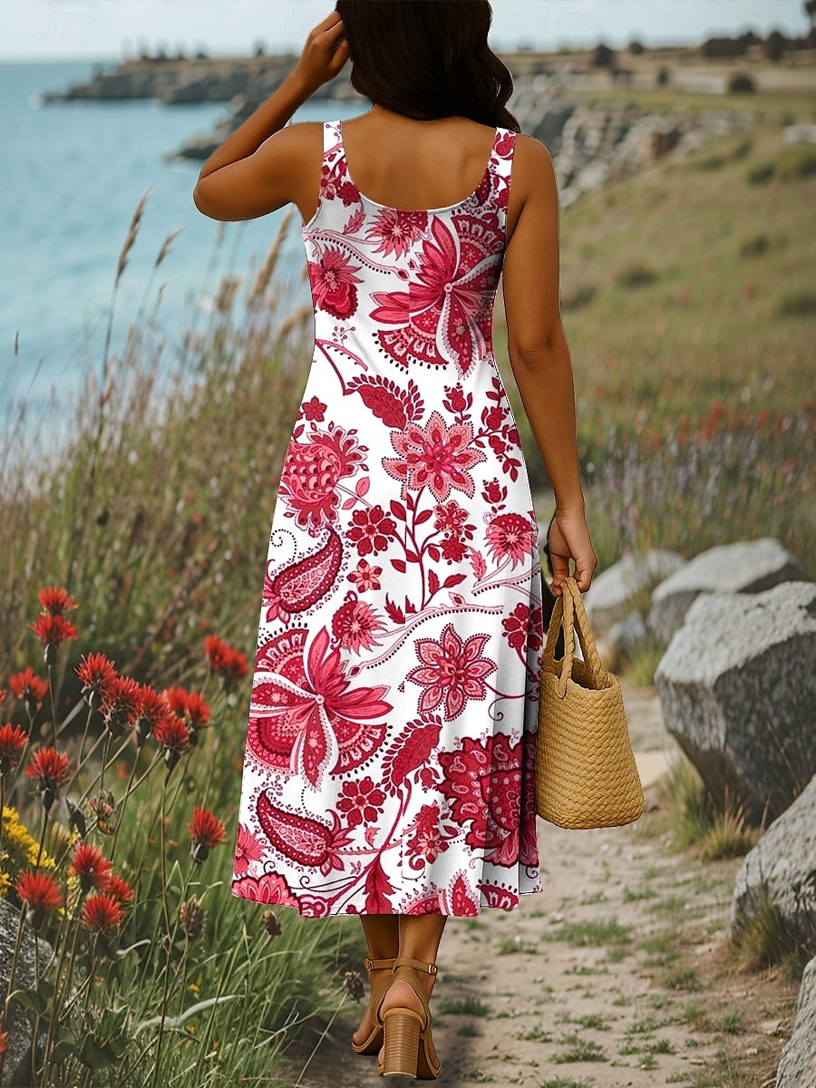 Damen Maxikleid A Linie Kleid Sommerkleid Schulterfreies Kleid Urlaub Lässig Party Date Normale Passform Blumen Grafik Stammes Ärmellos Quadrathals Rote Orange Grün Sommer Frühling 2025 - $26.99 –P2