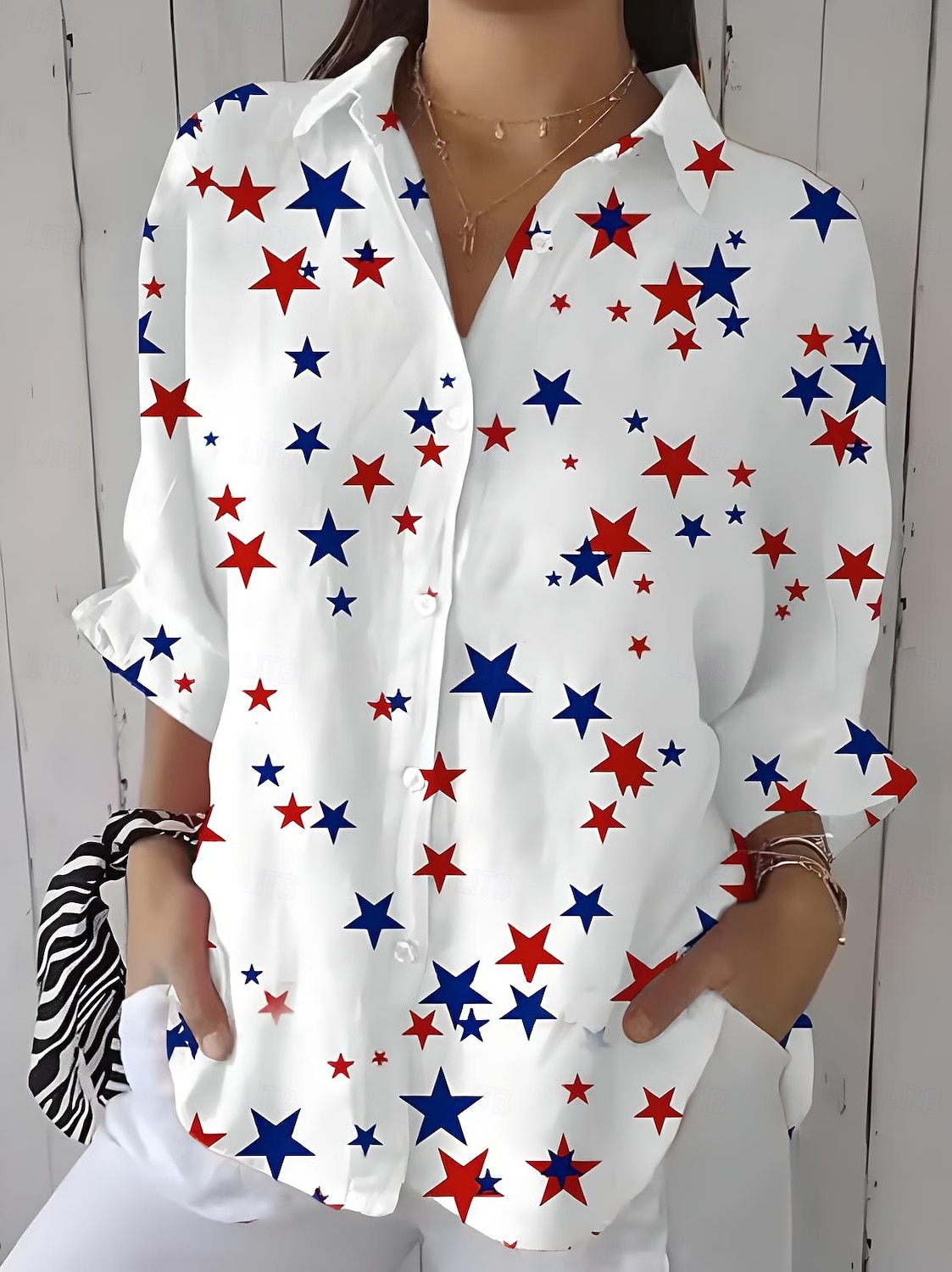 Independence Day Women's Patriotic Fourth of July Shirt Graphic Flag Star Vintage Tropical Daily Long Sleeve Shirt Collar Regular Tops Work Daily Buttons Print White Pink Blue Summer Spring 2025 - $32.99 –P1