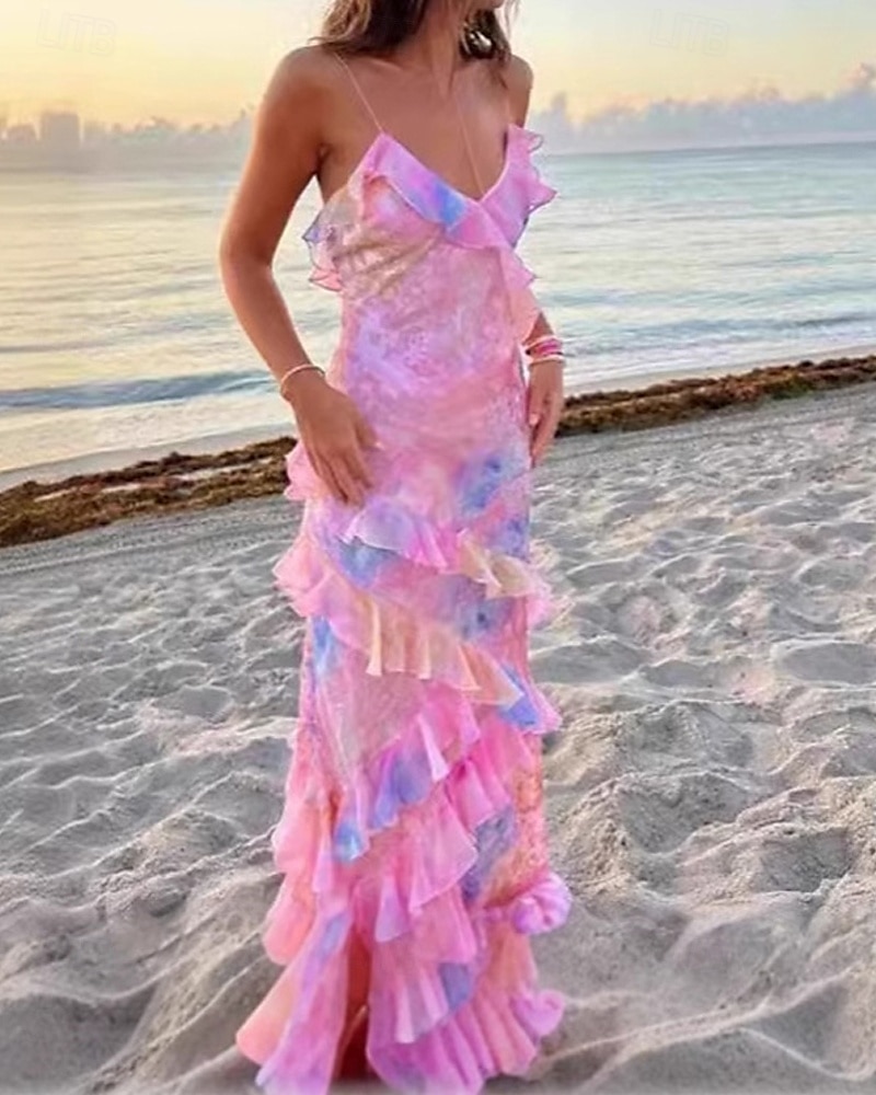 Femmes Robe Longue Maxi Robe Robe Décontractée Robe Fleurie Mode Robe élégante Extérieur Soirée Fête Coupe régulière Fleur Sans manches Col en V Jaune Rose Claire Orange Été de 2025 ? $35.99 –P3