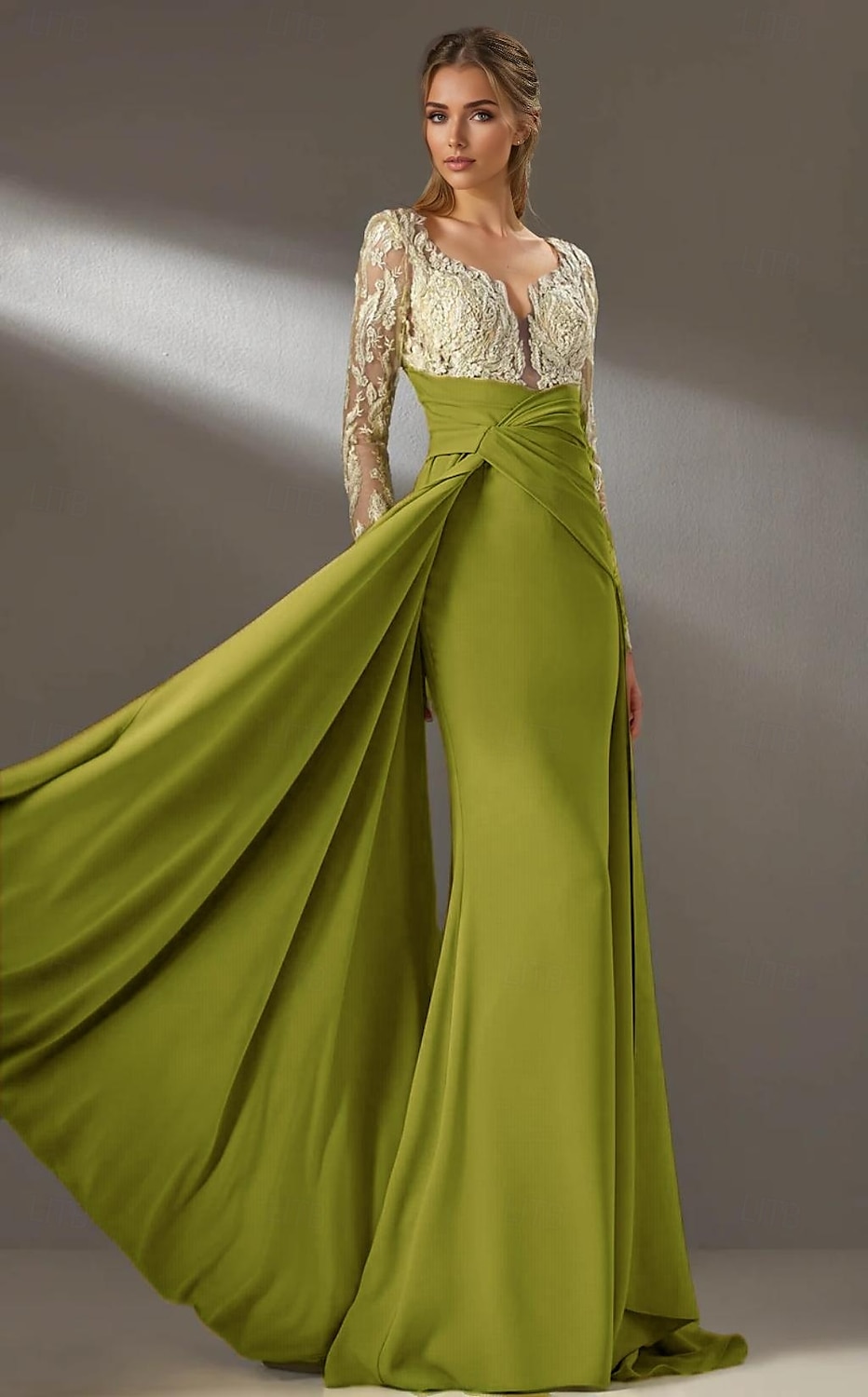 gelbes Kleid Meerjungfrau / Trompete Abendkleid elegantes Kleid formelle Hochzeit Sweep / Pinsel Schleppe lange Ärmel V-Ausschnitt Chiffon gerüschte Details mit Perlen Stickerei Applikation 2025 2025 - $169.99 –P6