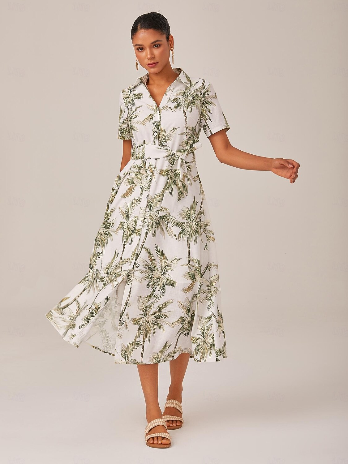 Dames Vrouw Shirtjurk Casual jurk Jurk met print Halflange jurk Groen Korte mouw Blad Planten Palmboom Zak Omgord Afdrukken Zomer Lente Herfst Overhemdkraag Vakantie XS S M 2025 - $81.99 –P6