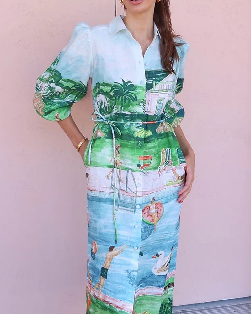 Pentru femei Rochie Lunga Rochie Maxi Rochii de in bumbac Rochie casual Modă În aer liber Petrecere Concediu Fit regulat Decor Lungime Manșon 3/4 Guler Cămașă Trifoi Vară 2025 - $42.99 –P2