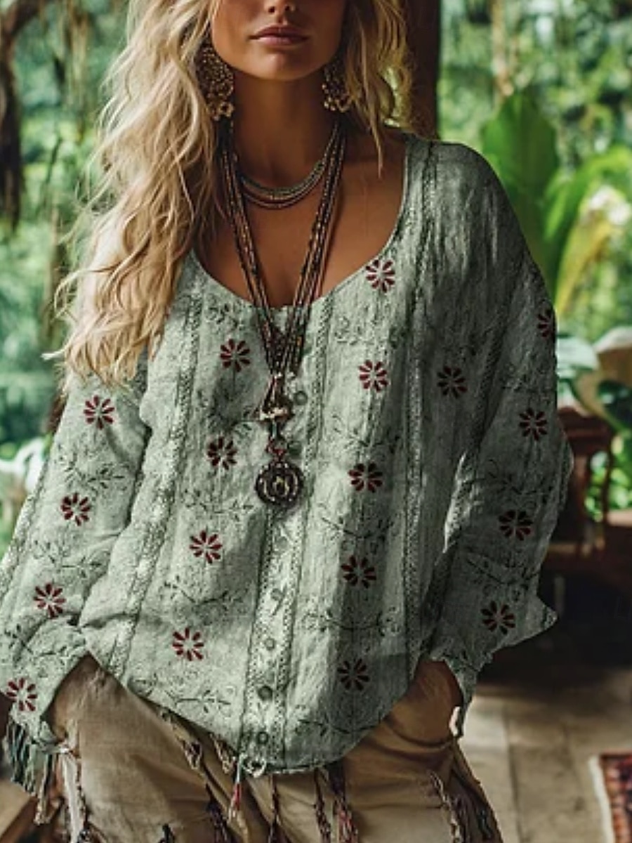 Bluză western pentru femei, cămașă boho, bluză cu imprimeu floral, modern, casual, mânecă lungă, decolteu în V, topuri obișnuite, zilnic, vacanță, ieșiri în oraș, imprimeu, verde deschis, roz, albastru, violet, verde, vară, toamnă 2025 - $19.99 –P4