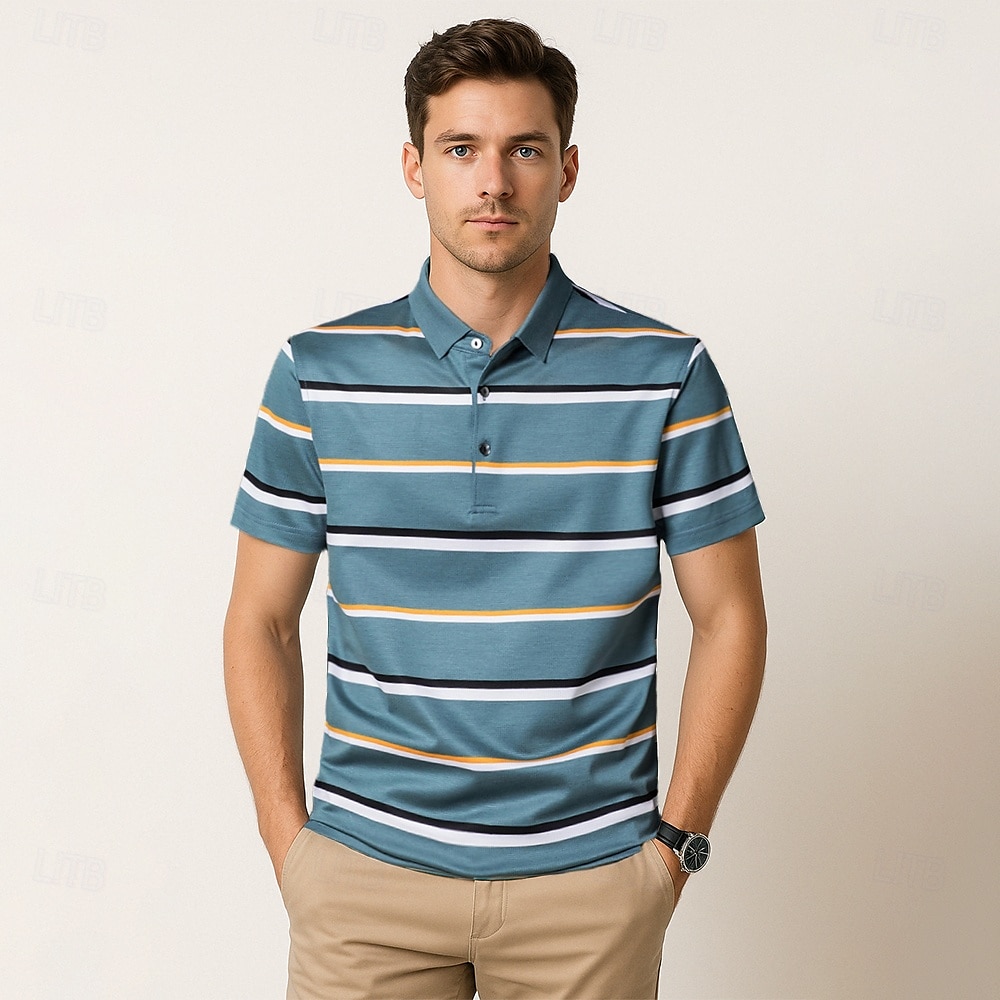 Herren Poloshirt aus Seide, Baumwolle und Lyocell, formelle Arbeit, Turndown, kurze Ärmel, Basic, formal, gestreift, Streifendruck, Sommer, normale Passform, schwarz-grün 2025 - $57.99 –P1