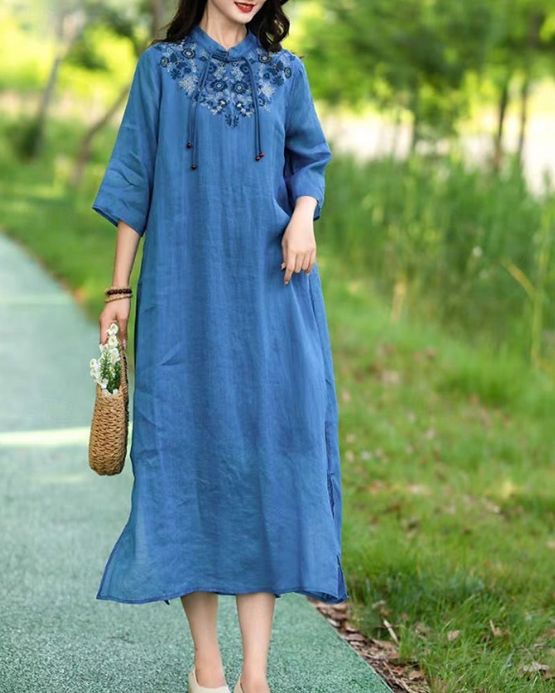 Pentru femei Rochii Midi Rochie din in bumbac Rochie florala Modă Modern Vacanță Zilnic Concediu Fit regulat Floare Manșon Jumate Guler de stand Roz Îmbujorat Albastru piscină Trifoi Caisă Vară 2025 - $28.99 –P7