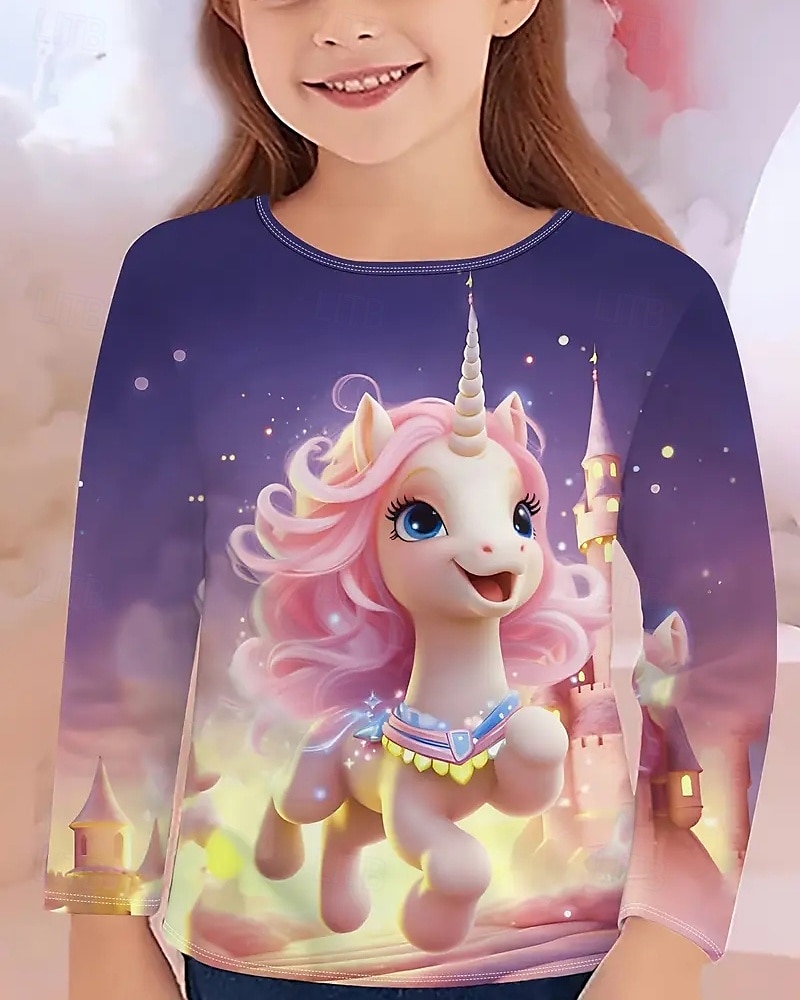 Flickor 3D Enhörnings T-shirt Långärmad Vår Höst Mode Grundläggande Barn 4-12 år Rund hals Utomhus Ledigt Dagligen Normal 2025 - $13.99 –P1