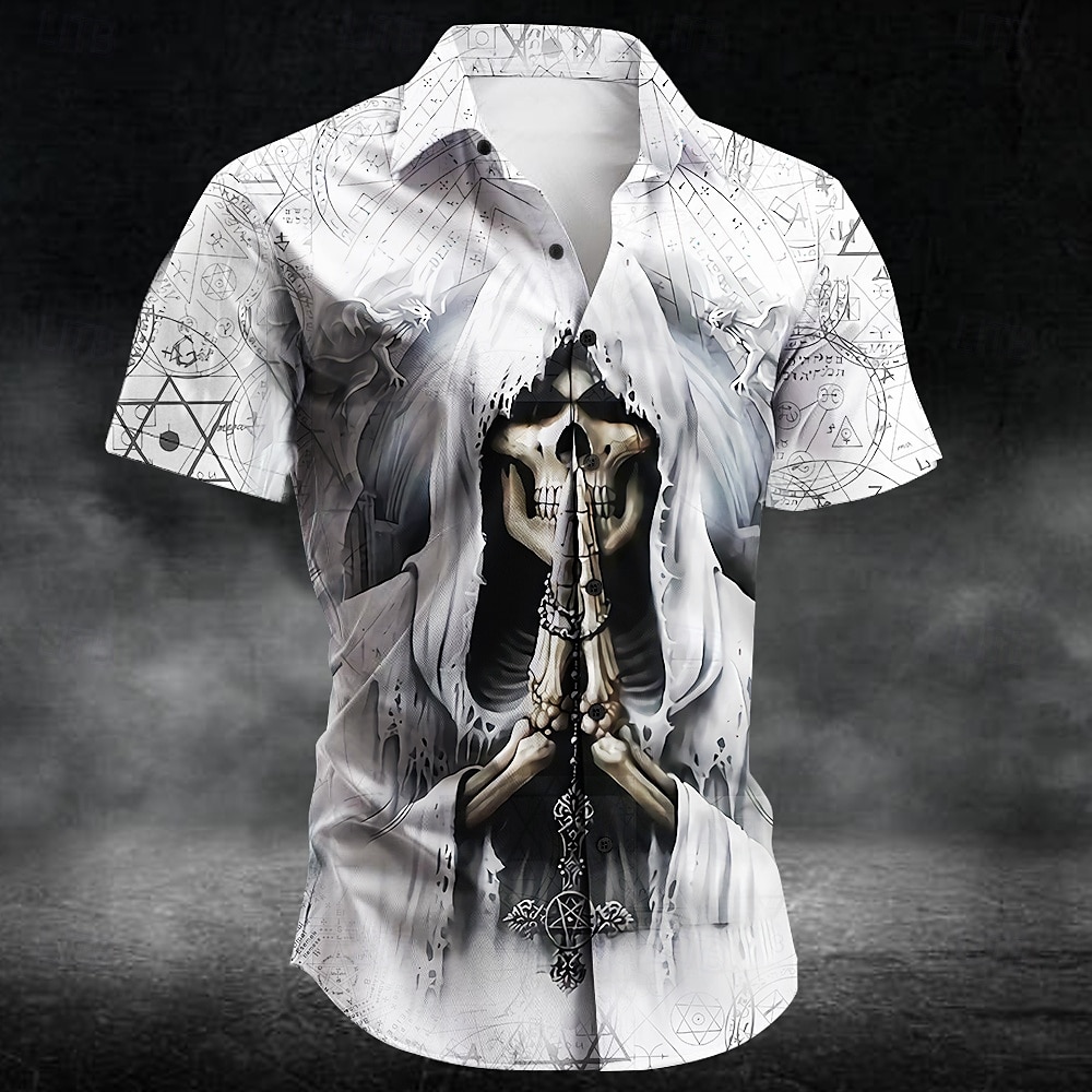 Herren Schädel Dunkel Gothic Hemd Sommerhemd Knopfhemd Kurzarm Vintage-Retro Outdoor Urlaub Alltagskleidung Sommer Frühling Umlegekragen 3D-Druck Hemden mit Kragen Weiß 2025 - $23.99 –P1