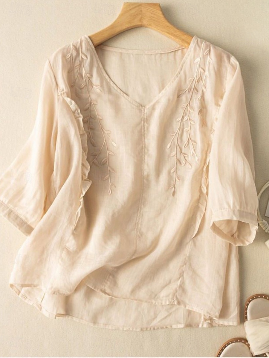 Cămașă de damă din bumbac și in, model floral, simplu, etnic, casual, mânecă 3/4, decolteu în V, croială regulată, topuri, zi de zi, brodat, galben, albastru marin, violet, portocaliu, caisă, vară 2025 - $17.99 –P4