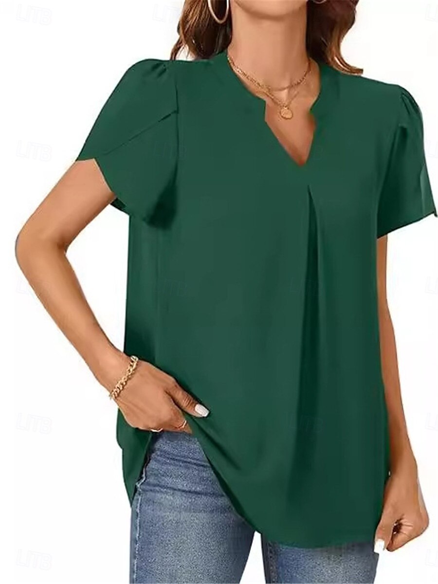 Femmes Chemisier Couleur Unie Élégant Basique Occasionnel Manche Courte Col en V Hauts Réguliers Quotidien Noir Blanche Bleu Vert Abricot Été de 2025 ? $19.99 –P14