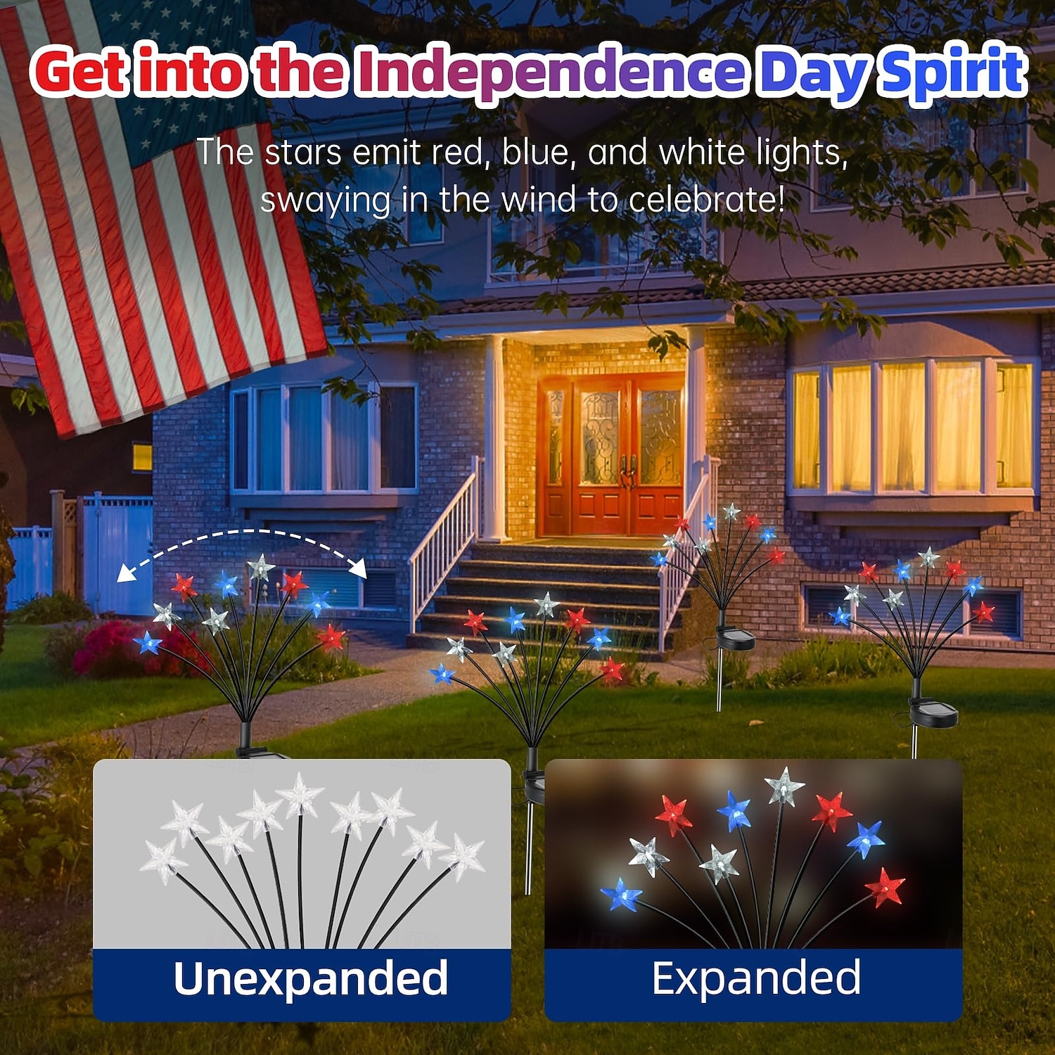 2 Pcs Patriotic  9 Heads outdoor solar waterproof red, white, blue tricolor pentagram ground mounted lights, 4th of July Independence Day 250th Anniversary Memorial Day for decoration lights 2026 - $23.99 –P2