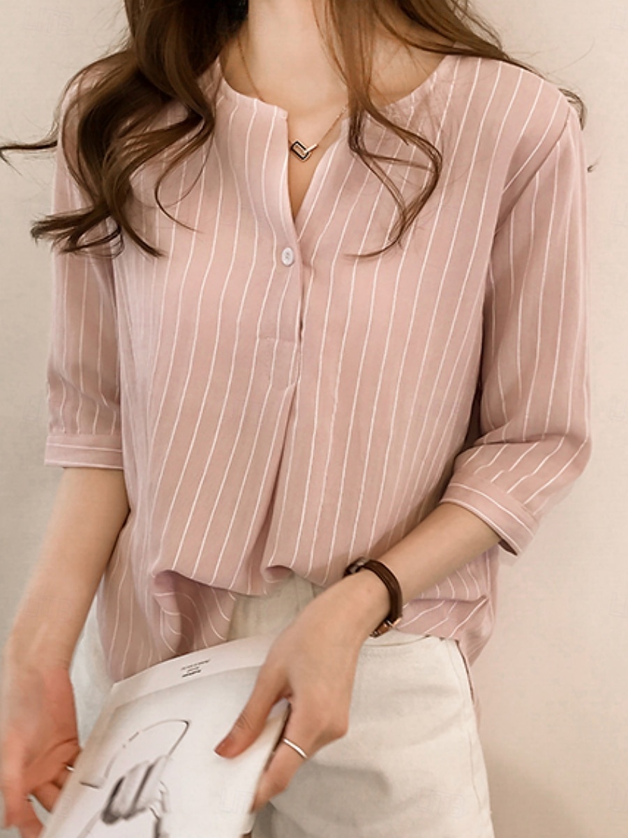 Femmes Chemise Rayé Élégant Occasionnel Manche 3/4 Col ras du cou Hauts Réguliers Quotidien Boutons Imprimé Blanche Rose Claire bleu marine Bleu clair Été de 2025 ? $17.99 –P11