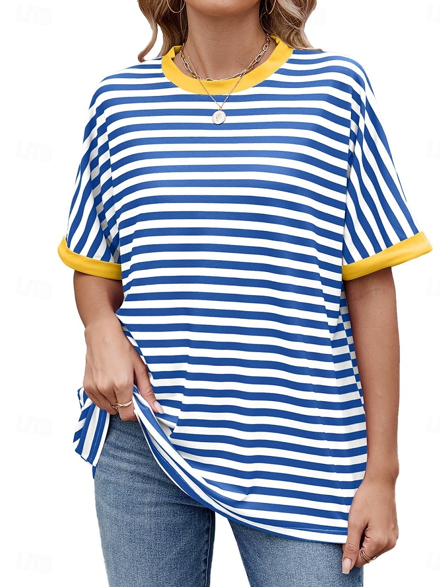 Femmes T-shirt Rayé Mode Élégant Moderne Manche Courte Col ras du cou Hauts Réguliers Quotidien Week-end Imprimé Noir Rouge Bleu Vert Été de 2025 ? $16.99 –P1