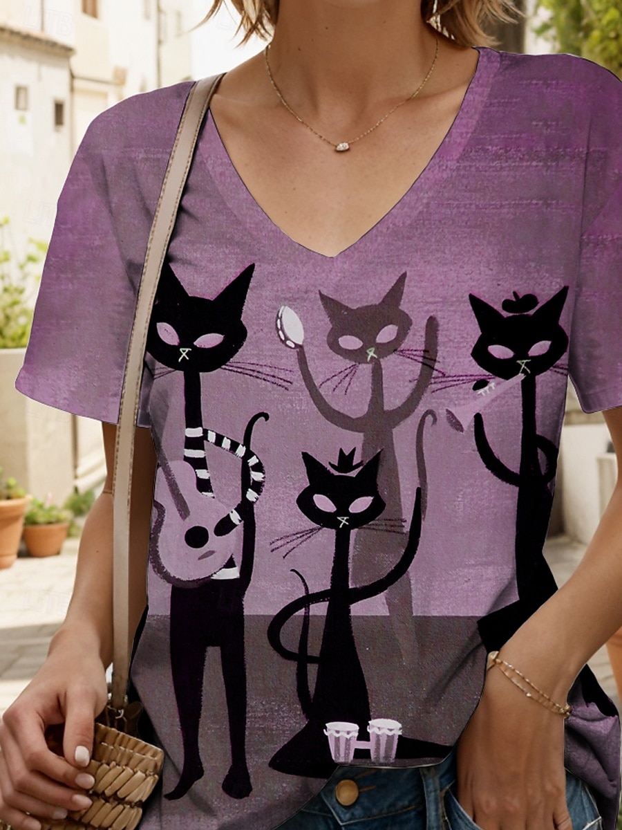 Femmes T-shirt Graphique Animal Chat ancien Élégant Classique Manche Courte Col en V Hauts Réguliers Quotidien Imprimé Rose poussiéreuse Marron clair Bleu Violet Vert Été Printemps de 2025 ? $19.99 –P3