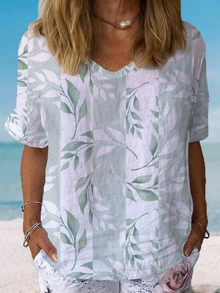 Per donna Camicia Grafico Geometrico A righe Elegante Classico Casual Manica Corta Scollo a V Top Regolari Quotidiano Abbigliamento mare Abbigliamento da vacanza Stampato Verde chiaro Blu Grigio del 2025 a $19.99 –P2