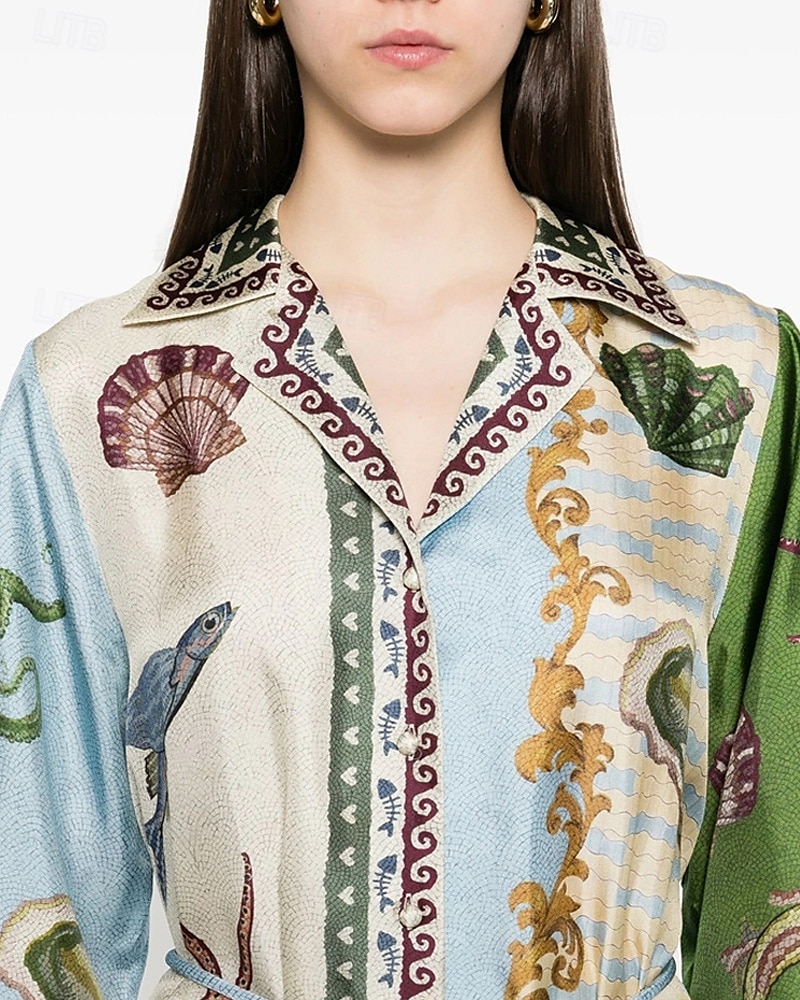 Per donna Abito Lungo Maxi Abito Abiti in cotone e lino Vestito Casual Moda All'aperto Feste Ferie Vestibilità regolare Animale Manica Lunga Colletto a Camicia Blu Estate del 2025 a $46.99 –P4