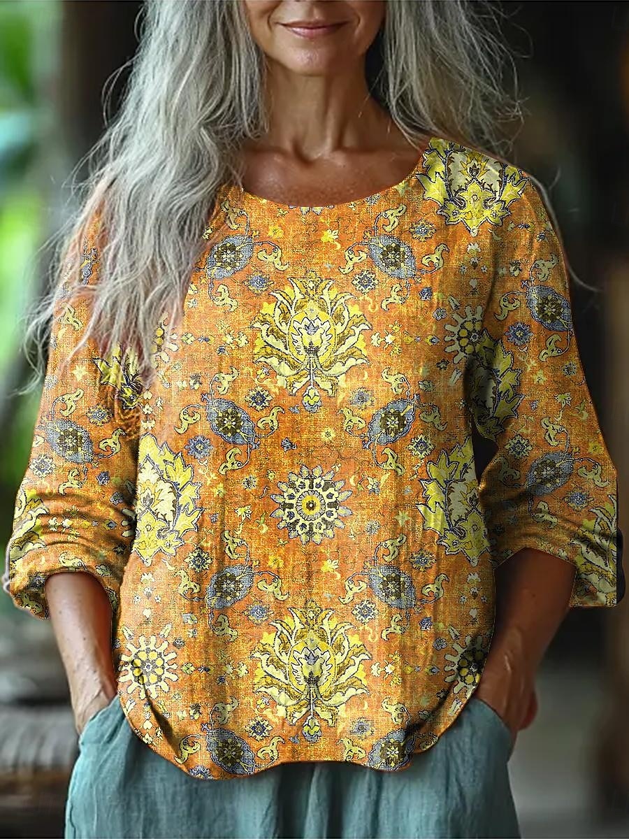 Kvinners Bluse Langermet Blomstermotiv Geometrisk Daglig Casual 3/4 Lengde Ermer Crew Neck Vanlige Topper Daglig Ferie Ferieklær Trykk Gul Rosa Blå Oransje Sommer Vår 2025 - $27.99 –P4