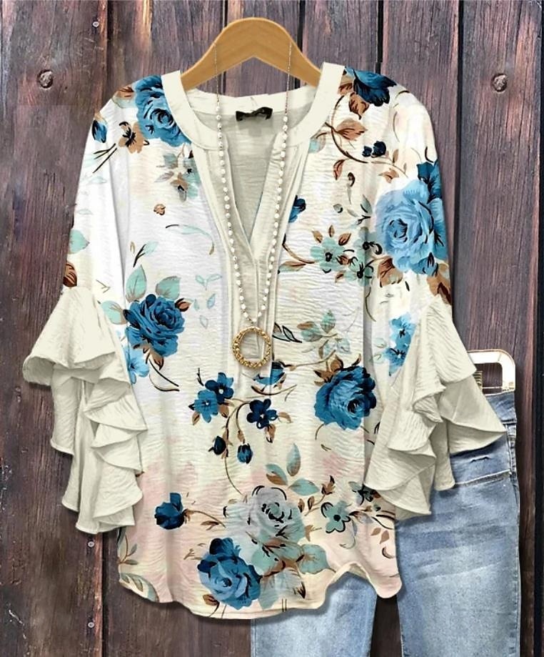 Dámská retro blůza s vrstvenými volány vintage květinová grafika bohémská vintage každý den 3/4 délka rukávu klasické topy na běžné nošení prázdninové oblečení tisk bílá modrá hnědá léto jaro 2025 - $29.99 –P2